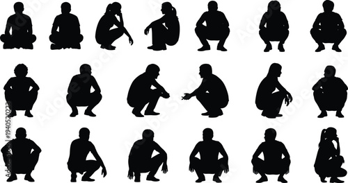 Large collection of sitting and squatting people silhouettes, men and women vector figures in casual poses for urban architectural rendering