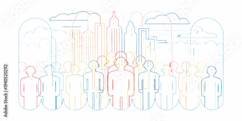 Abstract cityscape with silhouetted figures in a colorful line art style