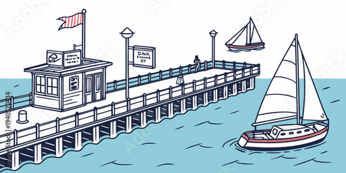 Serene harbor scene with sailboat near a wooden pier and small cabin on a bright sunny day with calm blue waters.