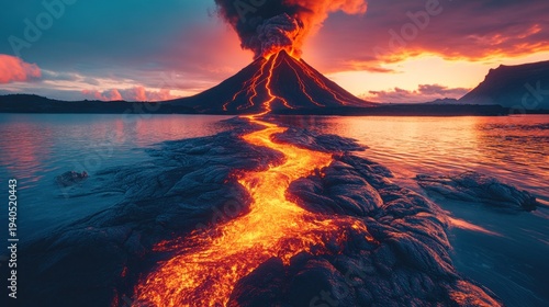 Volcanic lava flow into a lake at sunset