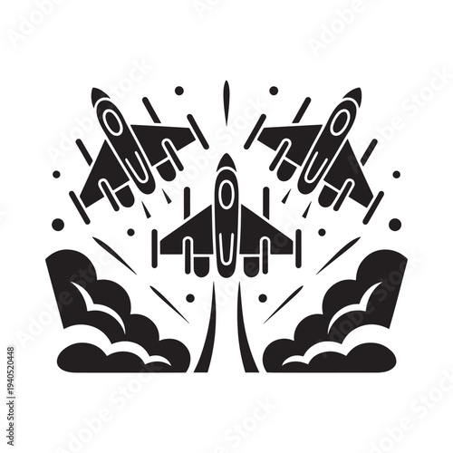 A stylized black and white illustration depicts three fighter jets amid bursts of smoke and dynamic energy