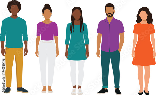 Diverse group of multiracial men and women standing together in stylish casual clothing, modern flat vector character set, isolated