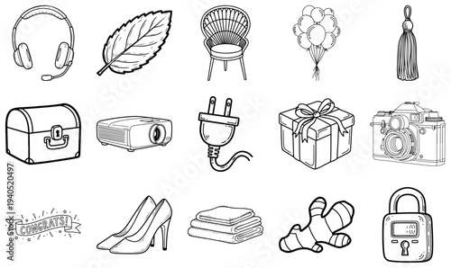 Bundle of 13 black and white line including electronics, gifts, and personal