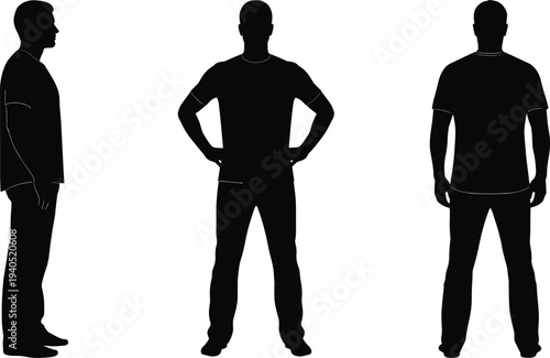 Male fashion model silhouettes in casual t-shirt and jeans, front side and back views for apparel mockup and lifestyle branding