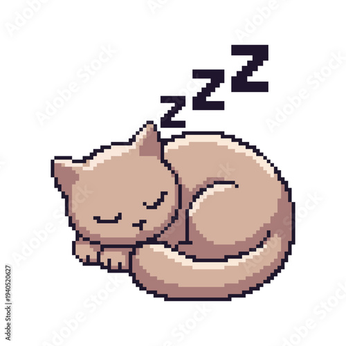Sleeping cat pixel art icon isolated on white background