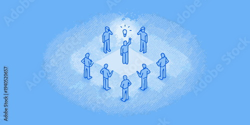 Group of people surrounding a central figure holding a glowing lightbulb