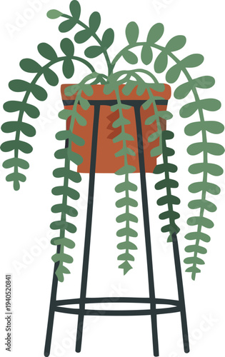 Minimalist trailing houseplant in terracotta pot on black plant stand illustration.