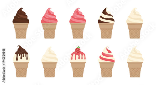 A colorful arrangement of various ice cream cones displayed against a white background with a flat silhouette high quality professional detailed