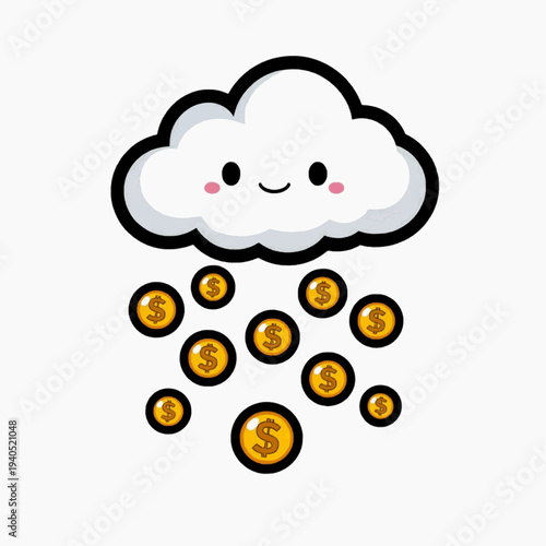 A cartoon cloud with a smiling face is raining down gold coins with dollar signs on them.