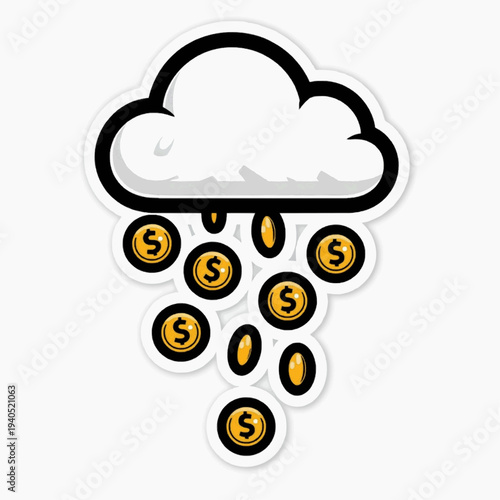 A vector graphic illustration of a cloud raining down dollar coins on a white background