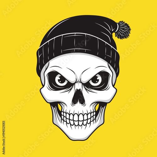 Scary Skull Wearing a Beanie Hat with Pom Pom, Menacing Eyes, Halloween Concept