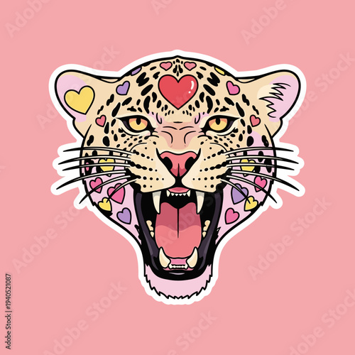 Roaring Leopard Head with Hearts - Wild Animal Love and Aggression