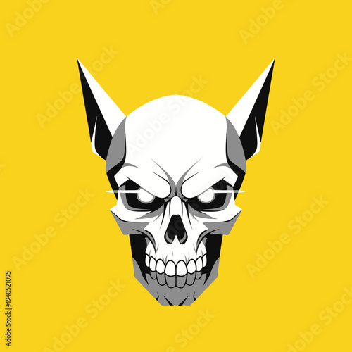 Scary Skull with Devil Horns and Glowing Eyes on Yellow Background