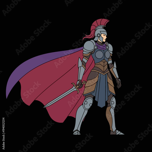 Female Warrior in Armor with Sword and Cape, Fantasy Character Illustration