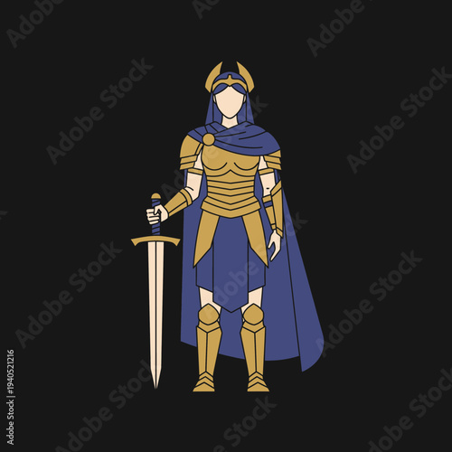 Female Warrior in Golden Armor with Sword and Blue Cape, Fantasy Illustration