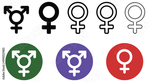 Gender Symbols and Transgender Icons flat vector buttons representing female, transgender, and gender diversity. Modern vector icon set for inclusivity, LGBTQ+ awareness, social media, education, and 
