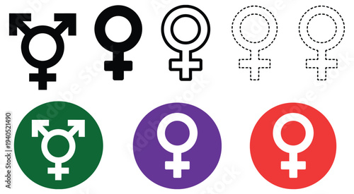 Gender Symbols and Transgender Icons flat vector buttons representing female, transgender, and gender diversity. Versatile vector symbols highlighting gender equality, transgender representation, and 