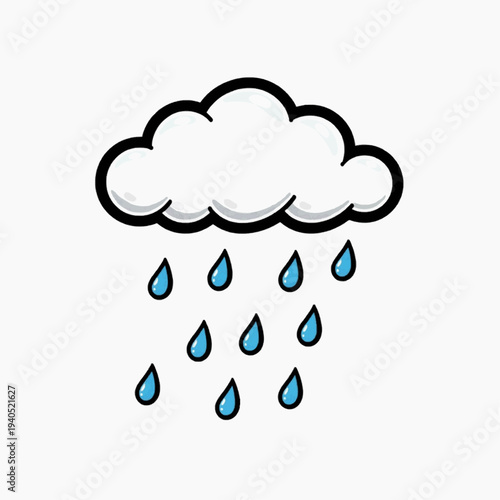 A cartoon-style illustration of a rain cloud with blue raindrops falling from it