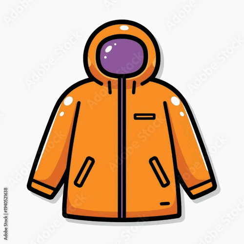 A vibrant orange hooded jacket with a purple inner hood and black outlines, depicted in a flat, minimalist vector graphic style.