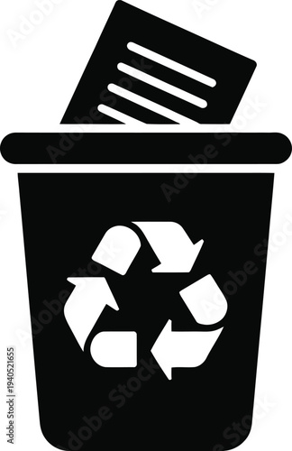 Black recycling bin icon with paper vector
