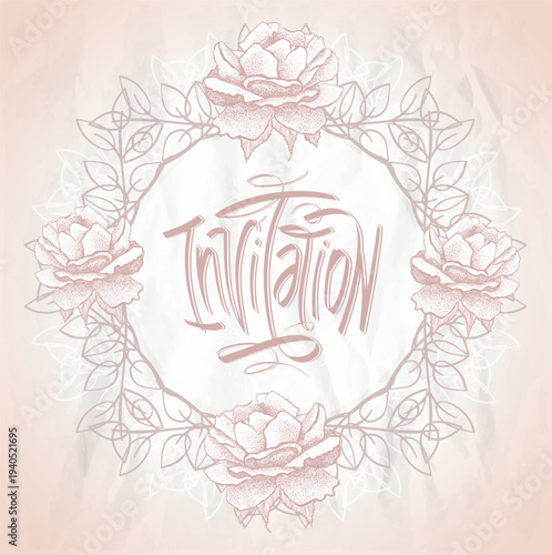 Invitation card with classical floral wreath frame and roses, hand drawn vector illustration