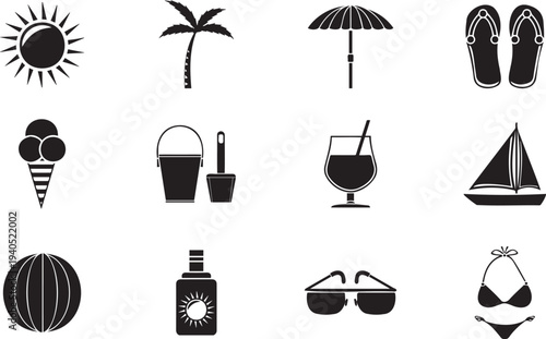 Summer vacation icons collection featuring beach and leisure symbols in a clean minimalistic style