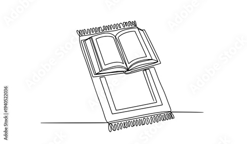 Single line drawing open Quran on prayer mat Islamic holy book Ramadan greeting concept vector