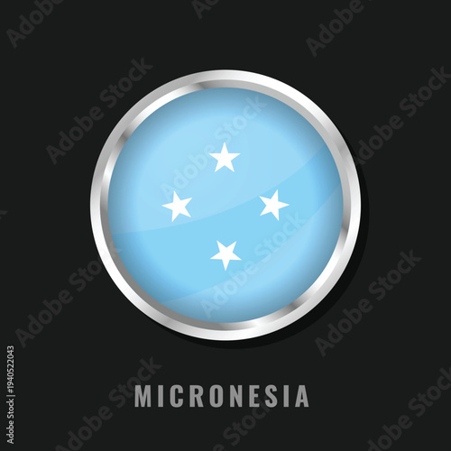 Circular glossy flag of the Federated States of Micronesia with a silver frame. Features four white stars on a light blue field, symbolizing the islands' unity and the Pacific Ocean.