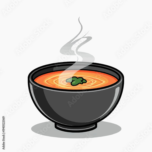 A steaming bowl of tomato soup with a green garnish in a modern flat design style