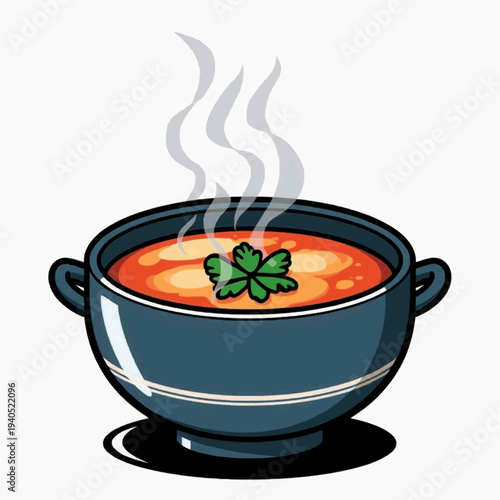 A steaming bowl of tomato soup with a sprig of parsley on top, served in a dark blue ceramic bowl with handles