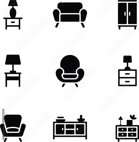 Collection of Furniture Icons: Lamps Chairs Cabinets and Dressers on White Background