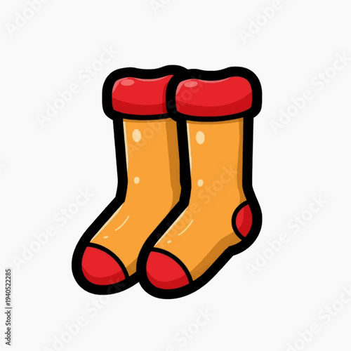 A cartoon illustration of a pair of yellow socks with red toes and cuffs on a white background