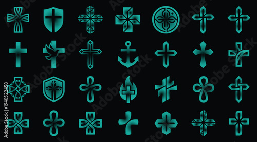 Teal colored cross and shield icons on dark background  various shapes and designs for graphic resources and symbols