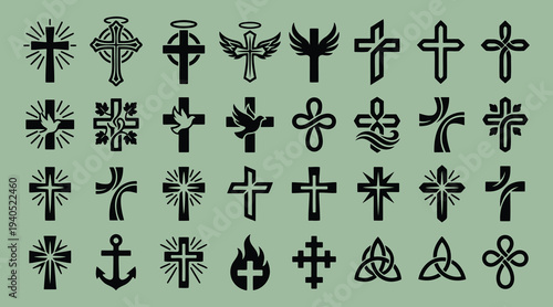 Various Christian cross symbols and icons in black on muted green background  religious signs and shapes