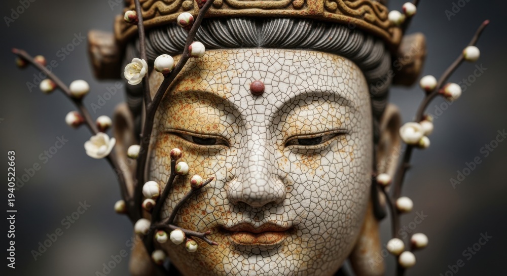 Fototapeta premium Serene Buddha statue with blooming branches and peaceful expression