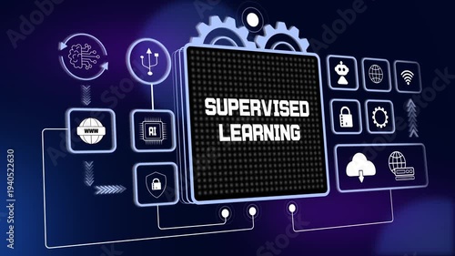 Futuristic supervised learning interface for smart machine learning tutorials, digital data classification and global tech growth