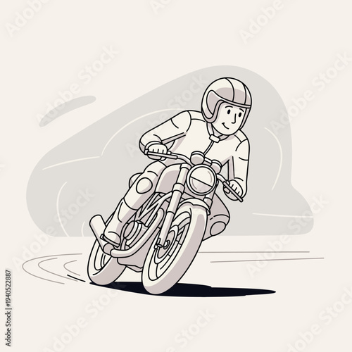 Motorcycle rider leaning into a turn on a road, dynamic action shot, vintage style