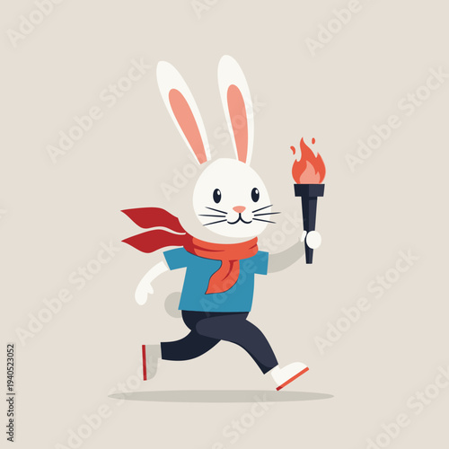 Cartoon Rabbit Running with Torch, Symbolizing Sport, Olympics, and Victory