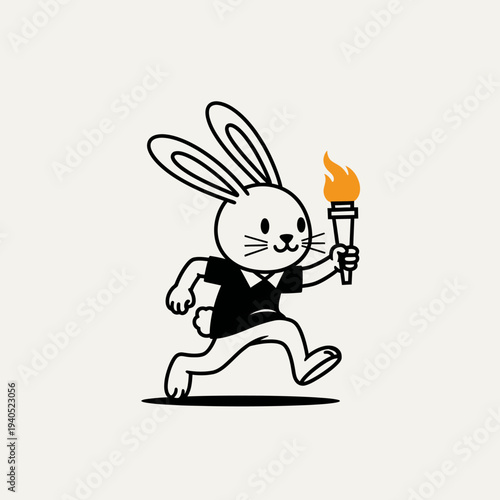 Cartoon Rabbit Running with Olympic Torch, Symbolizing Speed, Victory, and Competition