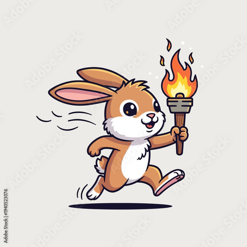 Cute cartoon rabbit running with a flaming torch, symbolizing speed, victory, and the Olympic spirit.