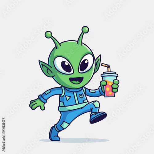 Cute green alien in blue suit holding a colorful drink with a straw, cartoon style
