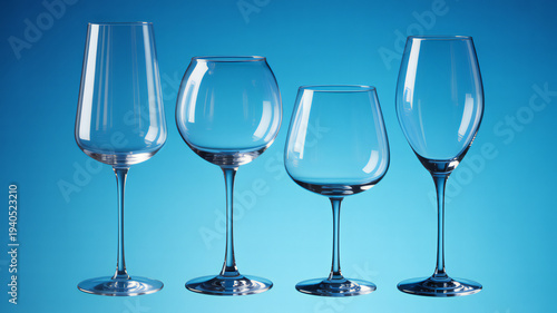 Set of four elegant wine glasses standing upright isolated on transparent background