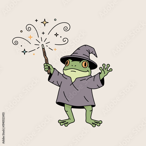 Magical Frog Wizard Casting Spell with Wand, Whimsical Fantasy Art