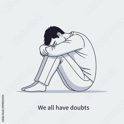 Man sitting alone, head in knees, feeling sad and doubtful, isolated, mental health concept