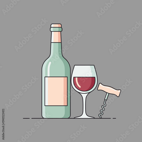 Red Wine Bottle, Glass, and Corkscrew on Gray Background - Flat Design