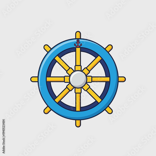 Nautical Ship Wheel with Anchor Icon, Blue and Yellow, Vector Illustration