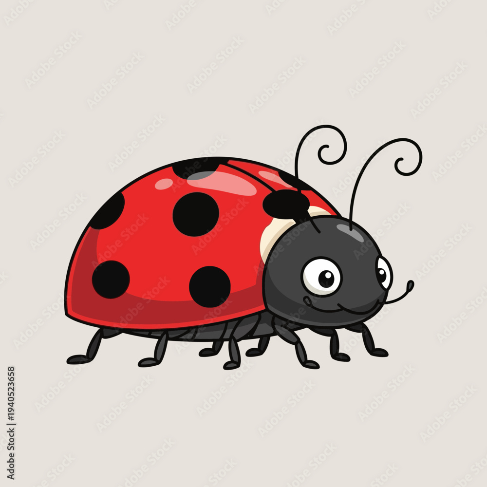 Obraz premium Cute cartoon ladybug with black spots on a light background, happy insect illustration