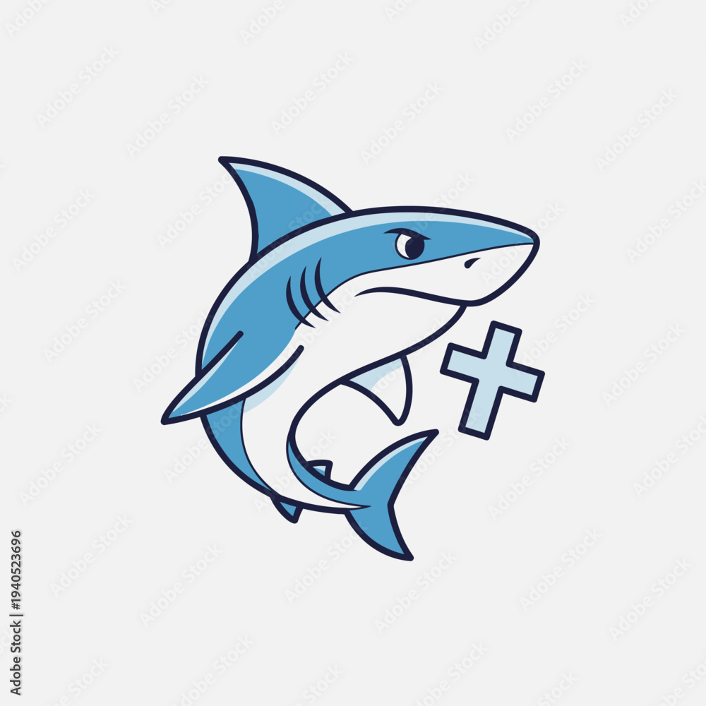 Fototapeta premium Cute cartoon shark with a plus sign, symbolizing health, medicine, or positive addition