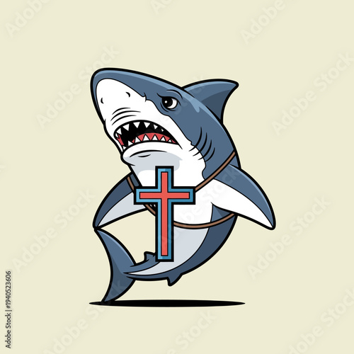Christian Shark with Cross Necklace, Funny Religious Animal Illustration