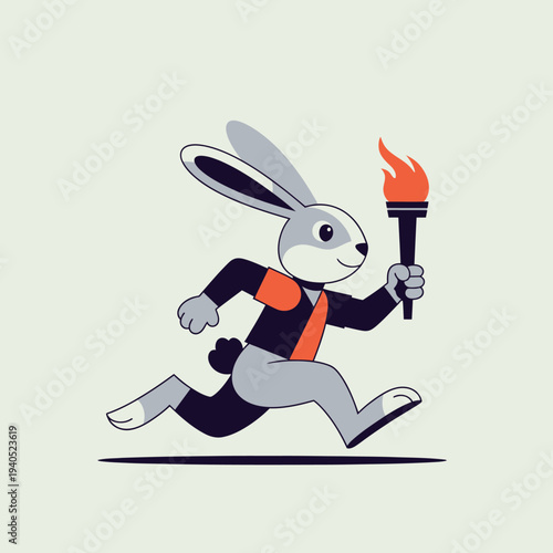 Cartoon Rabbit Running with Olympic Torch, Symbolizing Speed, Victory, and Sport